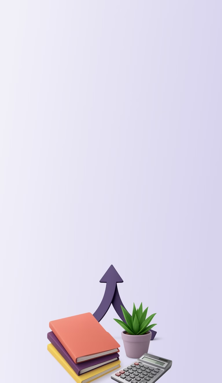 Grāmatas, kalkulators un augšupvērsta bulta - simbolizē finanšu izaugsmi ar kredītu apvienošanu.