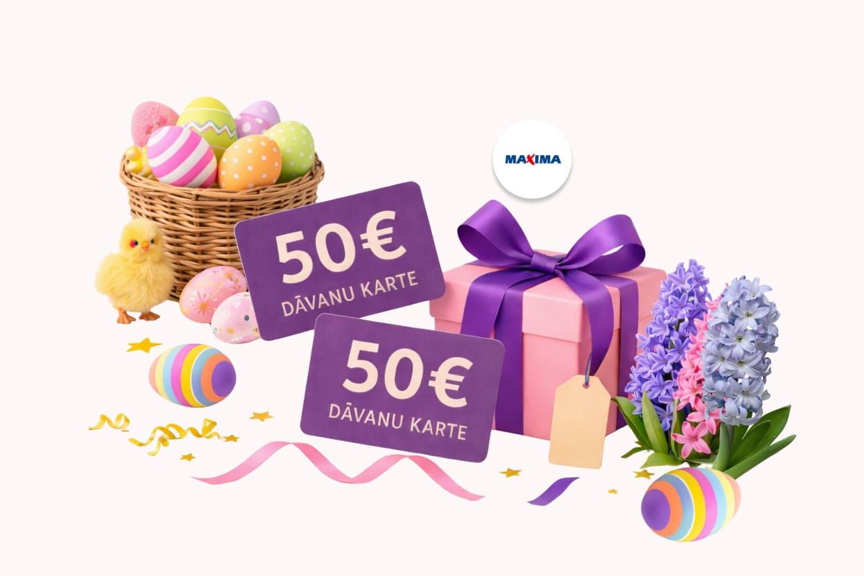 50 EUR Maxima dāvanu karte Soscredit.lv klientu akcijā ar Lieldienu tematiku