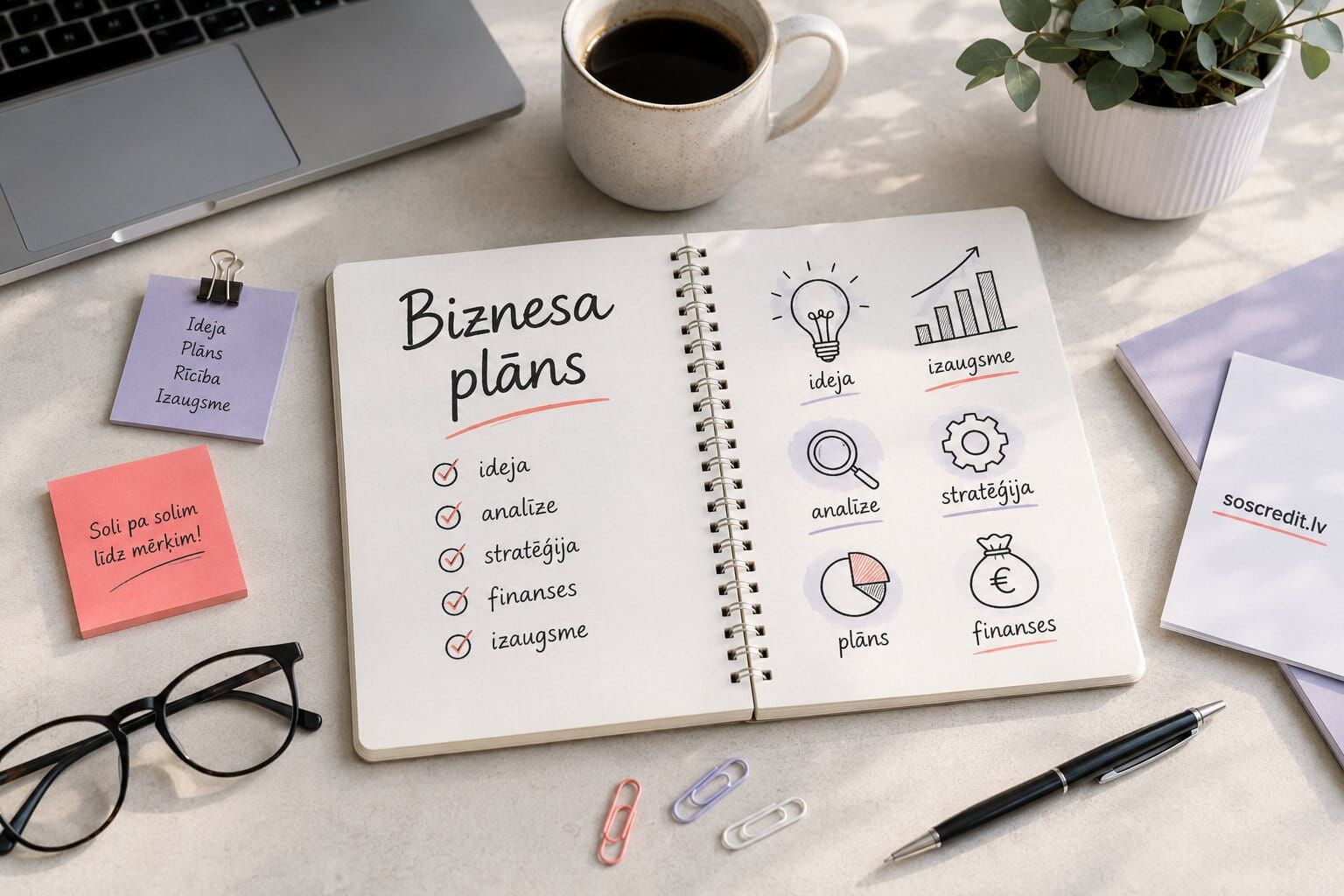 Biznesa plāna piezīmes ar idejas, analīzes, stratēģijas, finanšu un izaugsmes ikonām uz darba galda